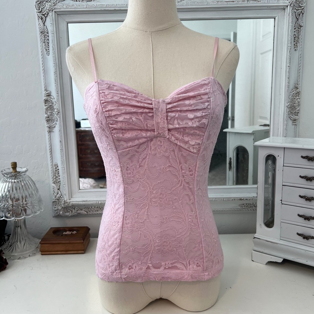vintage y2k pink lace tank top with bow detail - Picture 2 of 5